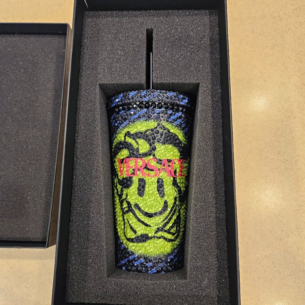 RARE LIMITED VERSACE LA GRECA SMILE RHINESTONE JEWELED CRYSAL TUMBLER TRAVEL CUP